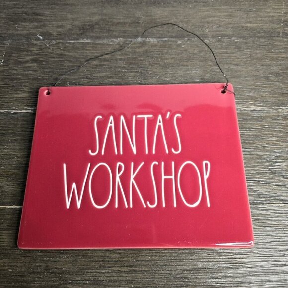 Rae Dunn Santa’s Workshop Hanging Sign Ceramic Red Christmas Decor Farmhouse - Picture 1 of 8